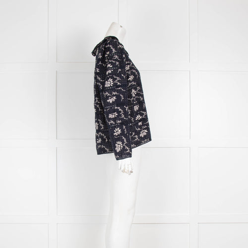 Sea Navy White Floral Cotton Long Sleeve Top