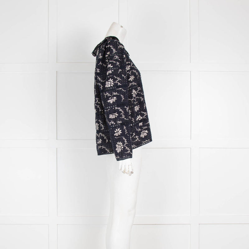 Sea Navy White Floral Cotton Long Sleeve Top