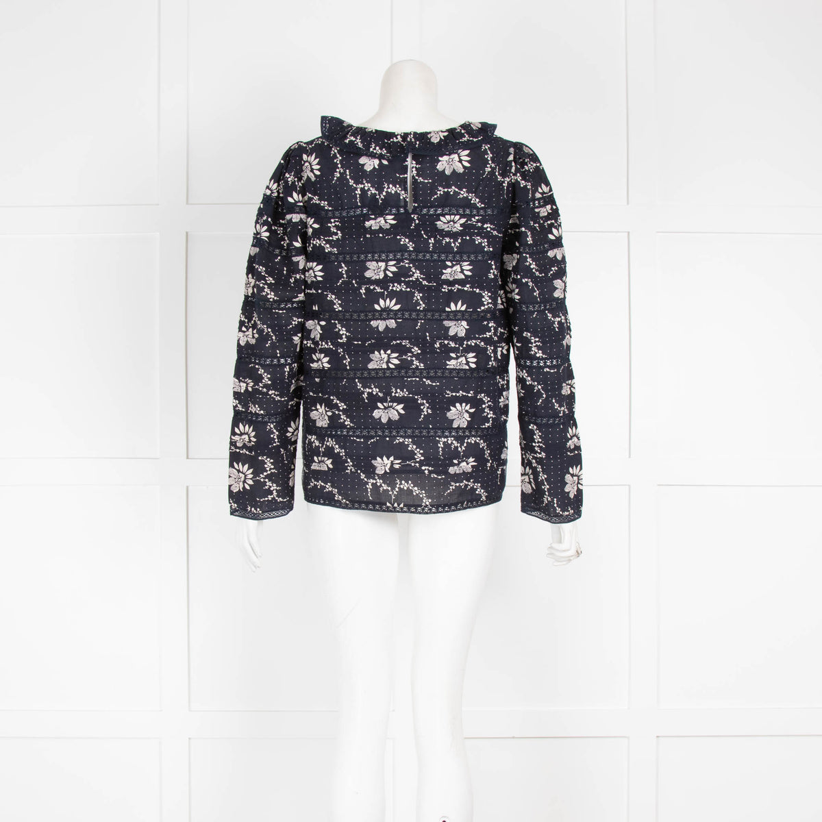Sea Navy White Floral Cotton Long Sleeve Top