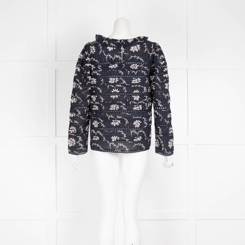 Sea Navy White Floral Cotton Long Sleeve Top