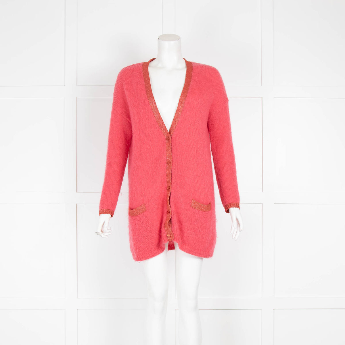 Wyse Coral Lurex Trim Mohair Long Cardigan