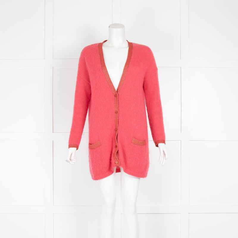 Wyse Coral Lurex Trim Mohair Long Cardigan