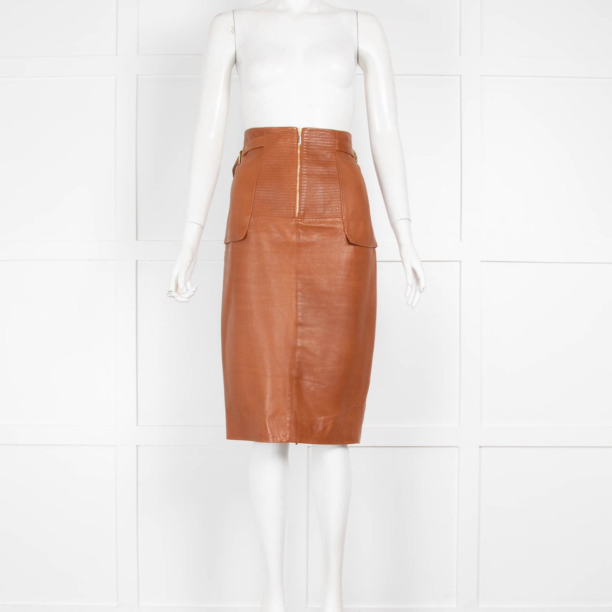 Amanda Wakeley Tan Leather Buckle Detail Pencil Skirt