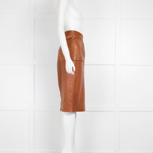 Amanda Wakeley Tan Leather Buckle Detail Pencil Skirt
