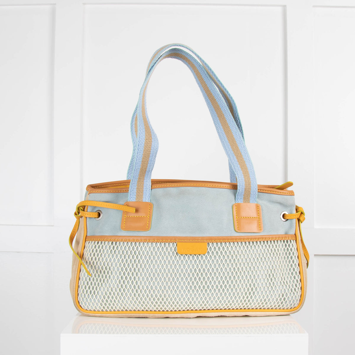 Hogan Pale Blue Beige Suede Mesh Front Handbag