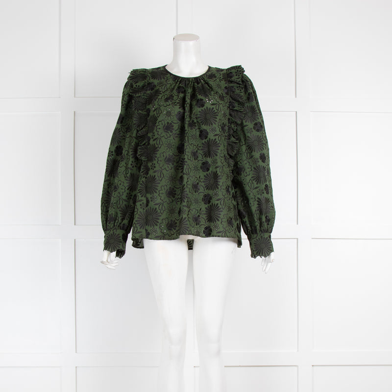 Claudie Pierlot Black & Green Frill Embroidered Blouse
