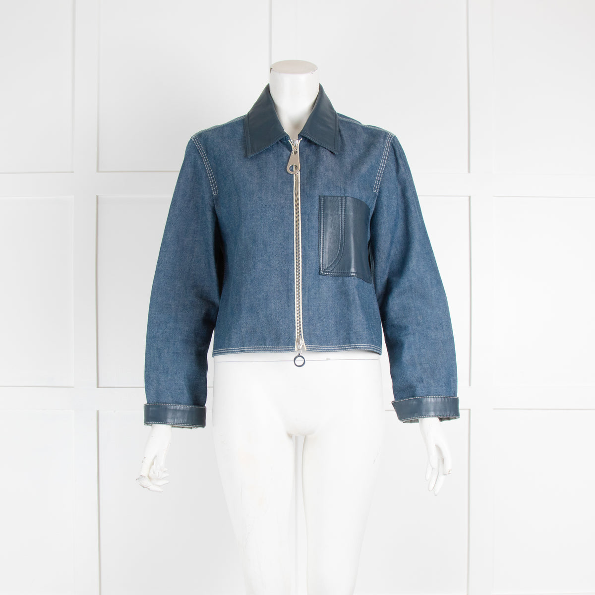 Edun Blue Denim Leather Trim Jacket