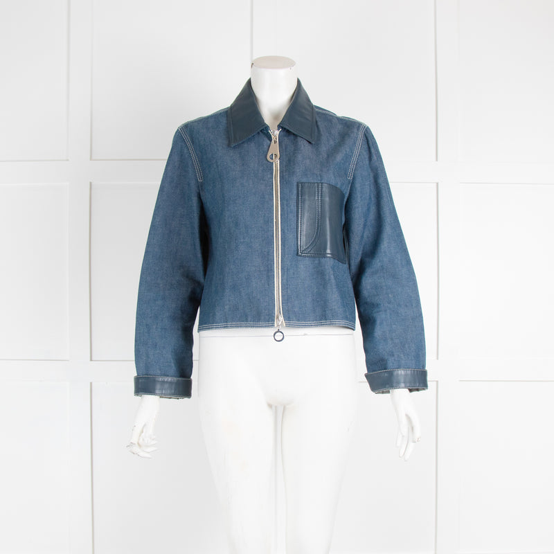 Edun Blue Denim Leather Trim Jacket