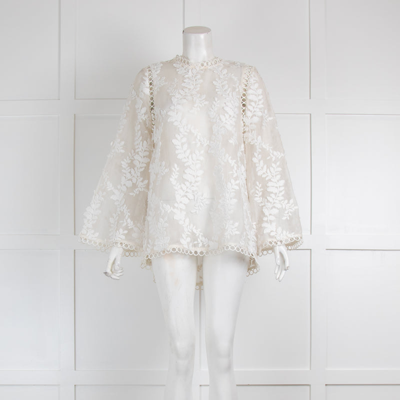 Zimmerman White Floral Embroidered Sheer Wide Sleeve Top
