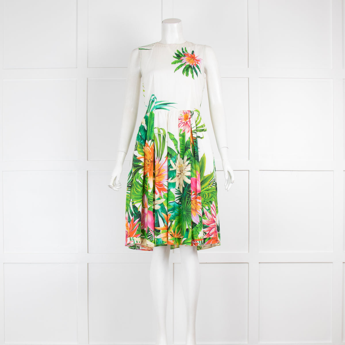 MSGM White Green Jungle Print Sleeveless Dress